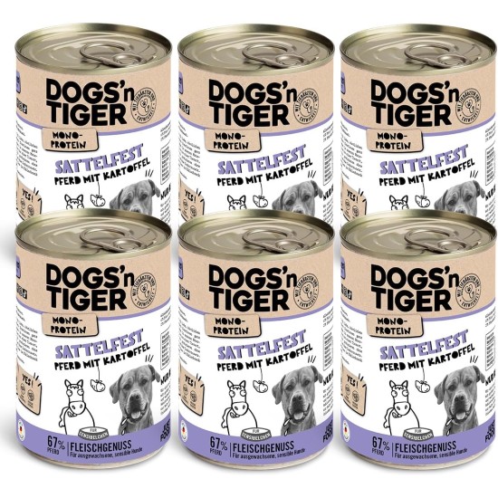 Dogs'n Tiger Monoprotein, Saddle Resistant, Adult Premium Wet Dog Food with Horse Meat and Potatoes, Hypoallergenic, No Grains, Added Sugar, with Optimal Compatibility, 6 x 400 g Dogs'n Tiger Monoprotein, Saddle Resistant, Adult Premium Wet Dog Food with Horse Meat and Potatoes, Hypoallergenic, No Grains, Added Sugar, with Optimal Compatibility, 6 x 400 g