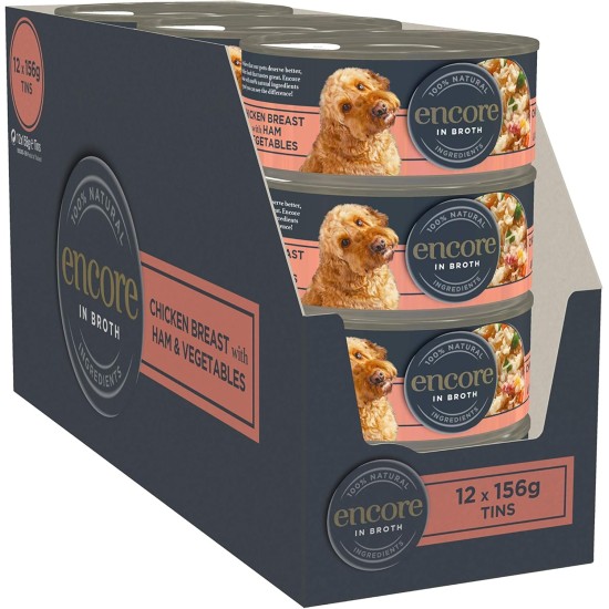 Encore 100% Natural Premium Wet Food for Dogs, Chicken Breast with Ham and Vegetables in Broth for Adult Cats - Pack of 12 x 156 g Cans Encore 100% Natural Premium Wet Food for Dogs, Chicken Breast with Ham and Vegetables in Broth for Adult Cats - Pack of 12 x 156 g Cans