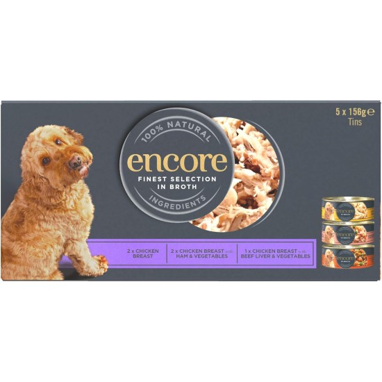 Encore 100% Natural Premium Wet Food for Dogs, Chicken Breast with Ham and Vegetables in Broth for Adult Cats - Pack of 12 x 156 g Cans Encore 100% Natural Premium Wet Food for Dogs, Chicken Breast with Ham and Vegetables in Broth for Adult Cats - Pack of 12 x 156 g Cans