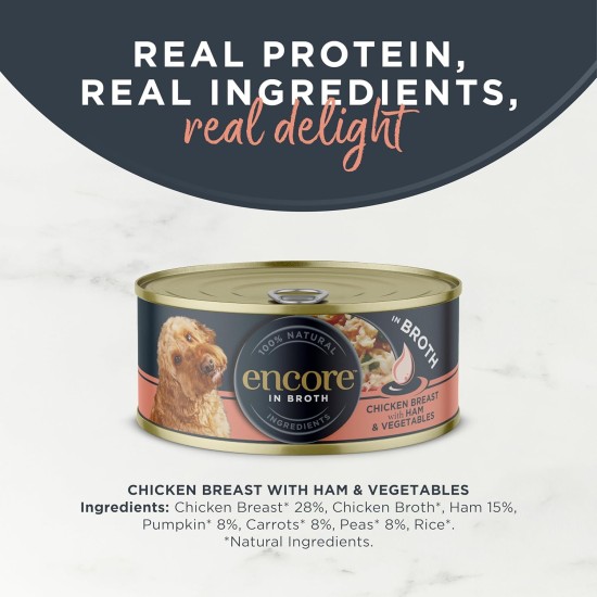 Encore 100% Natural Premium Wet Food for Dogs, Chicken Breast with Ham and Vegetables in Broth for Adult Cats - Pack of 12 x 156 g Cans Encore 100% Natural Premium Wet Food for Dogs, Chicken Breast with Ham and Vegetables in Broth for Adult Cats - Pack of 12 x 156 g Cans