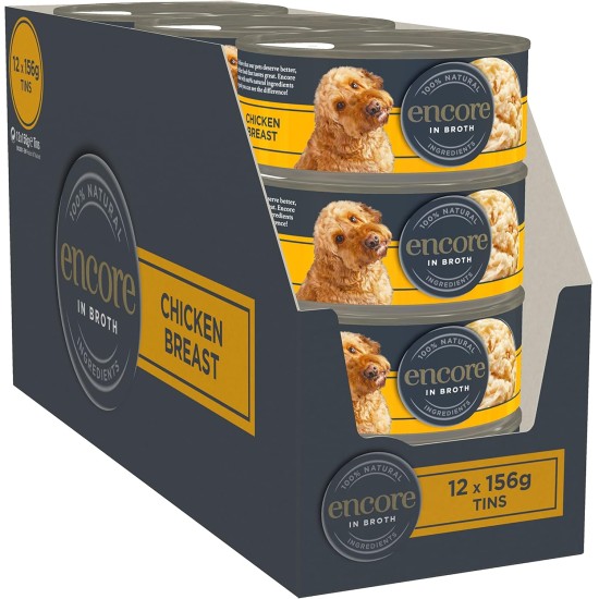 Encore 100% Natural Premium Wet Food for Dogs, Chicken Breast with Ham and Vegetables in Broth for Adult Cats - Pack of 12 x 156 g Cans Encore 100% Natural Premium Wet Food for Dogs, Chicken Breast with Ham and Vegetables in Broth for Adult Cats - Pack of 12 x 156 g Cans