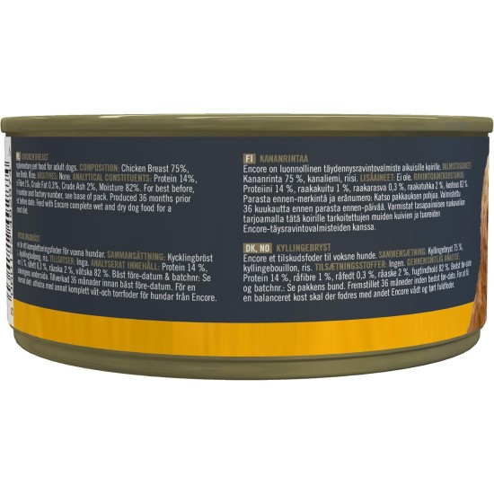 Encore 100% Natural Premium Wet Food for Dogs, Chicken Breast with Ham and Vegetables in Broth for Adult Cats - Pack of 12 x 156 g Cans Encore 100% Natural Premium Wet Food for Dogs, Chicken Breast with Ham and Vegetables in Broth for Adult Cats - Pack of 12 x 156 g Cans