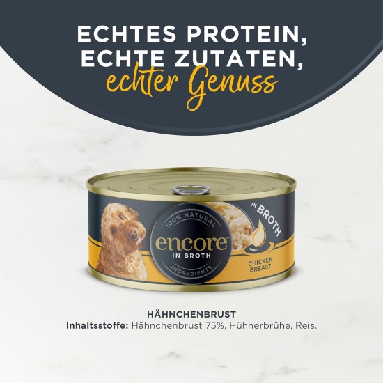 Encore 100% Natural Premium Wet Food for Dogs, Chicken Breast with Ham and Vegetables in Broth for Adult Cats - Pack of 12 x 156 g Cans Encore 100% Natural Premium Wet Food for Dogs, Chicken Breast with Ham and Vegetables in Broth for Adult Cats - Pack of 12 x 156 g Cans