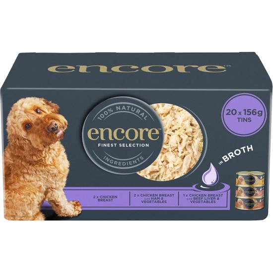Encore 100% Natural Premium Wet Food for Dogs, Chicken Breast with Ham and Vegetables in Broth for Adult Cats - Pack of 12 x 156 g Cans Encore 100% Natural Premium Wet Food for Dogs, Chicken Breast with Ham and Vegetables in Broth for Adult Cats - Pack of 12 x 156 g Cans