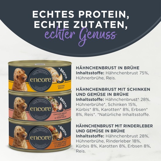 Encore 100% Natural Premium Wet Food for Dogs, Chicken Breast with Ham and Vegetables in Broth for Adult Cats - Pack of 12 x 156 g Cans Encore 100% Natural Premium Wet Food for Dogs, Chicken Breast with Ham and Vegetables in Broth for Adult Cats - Pack of 12 x 156 g Cans