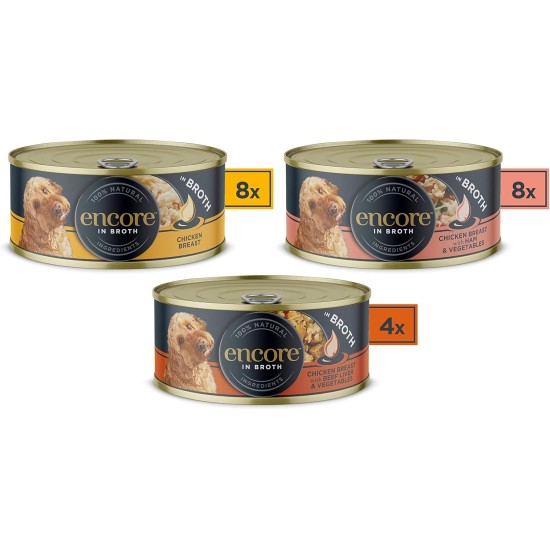 Encore 100% Natural Premium Wet Food for Dogs, Chicken Breast with Ham and Vegetables in Broth for Adult Cats - Pack of 12 x 156 g Cans Encore 100% Natural Premium Wet Food for Dogs, Chicken Breast with Ham and Vegetables in Broth for Adult Cats - Pack of 12 x 156 g Cans