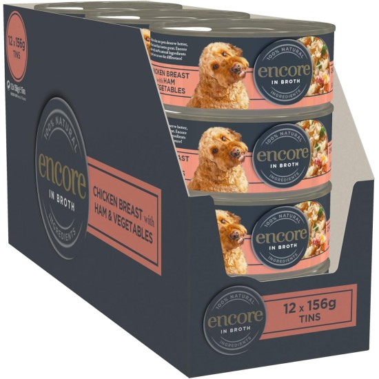 Encore 100% Natural Premium Wet Food for Dogs, Chicken Breast with Ham and Vegetables in Broth for Adult Cats - Pack of 12 x 156 g Cans Encore 100% Natural Premium Wet Food for Dogs, Chicken Breast with Ham and Vegetables in Broth for Adult Cats - Pack of 12 x 156 g Cans