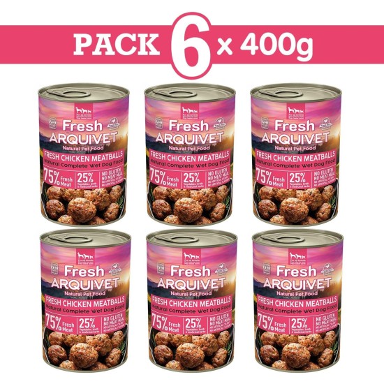 Fresh Chicken Meatballs - Tins of Meatballs with Chicken, Carrot and Peas - Pack of 6 Units x 400 g - Wet Food for Dogs, All Breeds Fresh Chicken Meatballs - Tins of Meatballs with Chicken, Carrot and Peas - Pack of 6 Units x 400 g - Wet Food for Dogs, All Breeds