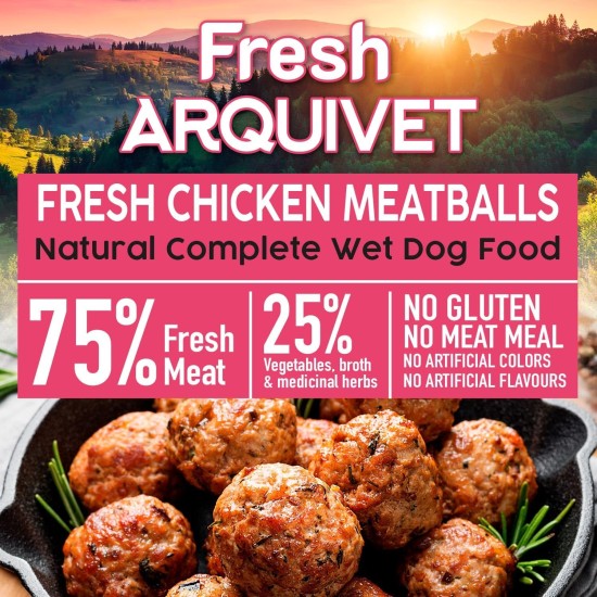 Fresh Chicken Meatballs - Tins of Meatballs with Chicken, Carrot and Peas - Pack of 6 Units x 400 g - Wet Food for Dogs, All Breeds Fresh Chicken Meatballs - Tins of Meatballs with Chicken, Carrot and Peas - Pack of 6 Units x 400 g - Wet Food for Dogs, All Breeds