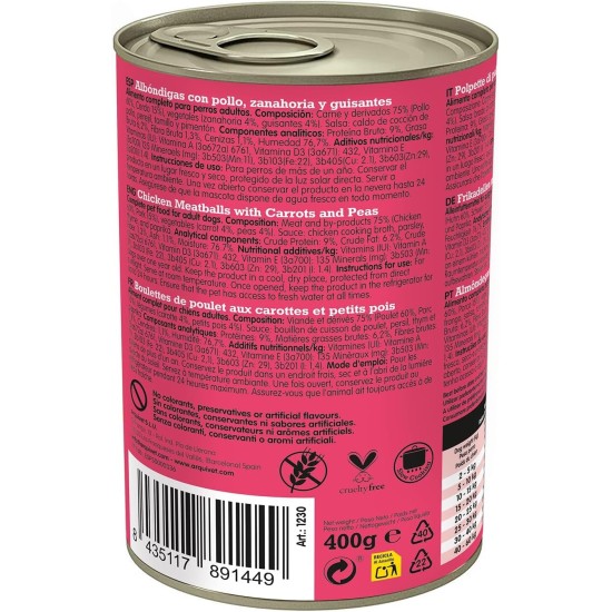 Fresh Chicken Meatballs - Tins of Meatballs with Chicken, Carrot and Peas - Pack of 6 Units x 400 g - Wet Food for Dogs, All Breeds Fresh Chicken Meatballs - Tins of Meatballs with Chicken, Carrot and Peas - Pack of 6 Units x 400 g - Wet Food for Dogs, All Breeds