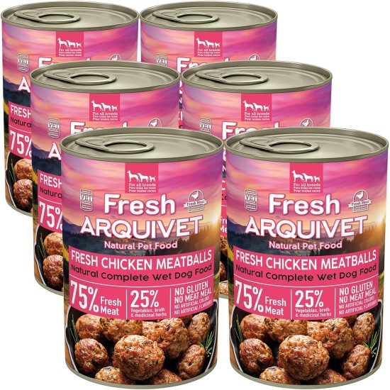 Fresh Chicken Meatballs - Tins of Meatballs with Chicken, Carrot and Peas - Pack of 6 Units x 400 g - Wet Food for Dogs, All Breeds Fresh Chicken Meatballs - Tins of Meatballs with Chicken, Carrot and Peas - Pack of 6 Units x 400 g - Wet Food for Dogs, All Breeds