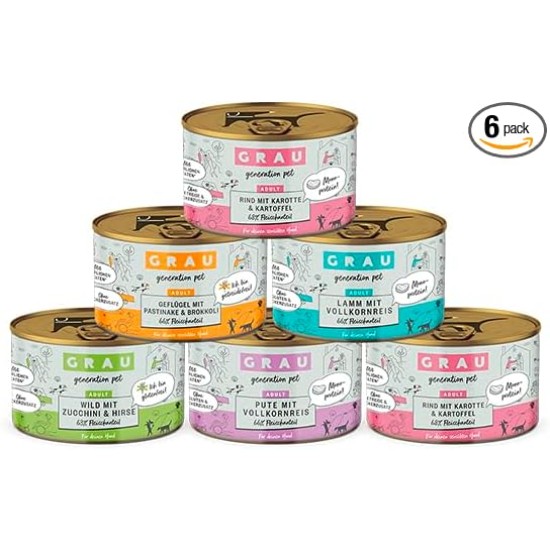 GRAU The Original Wet Food for Dogs - Mixing Tray Dog Menu Generation Pet, Pack of 6 (6 x 200 g), Mix of Different Menus GRAU The Original Wet Food for Dogs - Mixing Tray Dog Menu Generation Pet, Pack of 6 (6 x 200 g), Mix of Different Menus