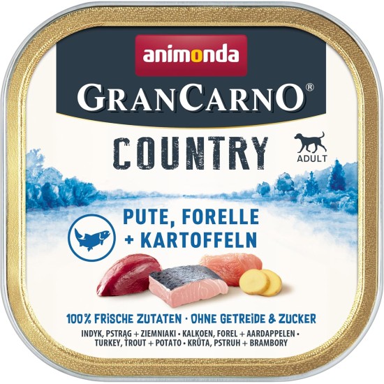 GranCarno animonda Country Dog Wet Food, Trout + Potato (22 x 150 g), Dog Food Wet without Grain and Sugar for Adult Dogs, with Fresh Meat Ingredients GranCarno animonda Country Dog Wet Food, Trout + Potato (22 x 150 g), Dog Food Wet without Grain and Sugar for Adult Dogs, with Fresh Meat Ingredients
