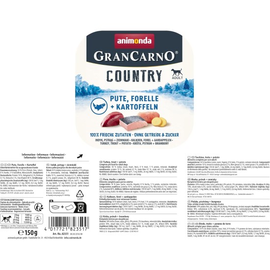 GranCarno animonda Country Dog Wet Food, Trout + Potato (22 x 150 g), Dog Food Wet without Grain and Sugar for Adult Dogs, with Fresh Meat Ingredients GranCarno animonda Country Dog Wet Food, Trout + Potato (22 x 150 g), Dog Food Wet without Grain and Sugar for Adult Dogs, with Fresh Meat Ingredients