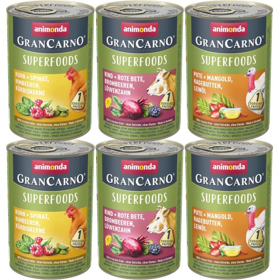 GranCarno animonda Dog Wet Food Superfoods Variation (6 x 400 g), Dog Food Wet without Grain and Sugar for Adult Dogs, with Fresh Meat Ingredients GranCarno animonda Dog Wet Food Superfoods Variation (6 x 400 g), Dog Food Wet without Grain and Sugar for Adult Dogs, with Fresh Meat Ingredients