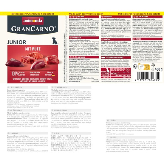 GranCarno animonda Wet Dog Food with Turkey (6 x 400 g), Puppy Food Wet without Grain for Young Dogs, with Fresh Meat Ingredients, Junior Dog Food GranCarno animonda Wet Dog Food with Turkey (6 x 400 g), Puppy Food Wet without Grain for Young Dogs, with Fresh Meat Ingredients, Junior Dog Food