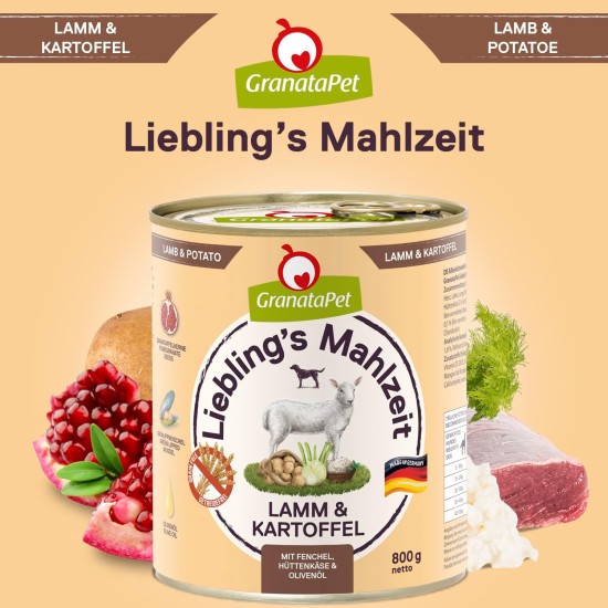 GranataPet Liebling's Mahlzeit Lamb & Potato Wet Dog Food without Grain & Sugar Supplements, Complete Food, 6 x 800 g GranataPet Liebling's Mahlzeit Lamb & Potato Wet Dog Food without Grain & Sugar Supplements, Complete Food, 6 x 800 g