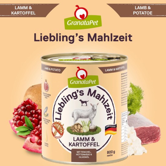 GranataPet Liebling's Mahlzeit Lamb & Potato Wet Dog Food without Grain & Sugar Supplements, Complete Food, 6 x 800 g GranataPet Liebling's Mahlzeit Lamb & Potato Wet Dog Food without Grain & Sugar Supplements, Complete Food, 6 x 800 g
