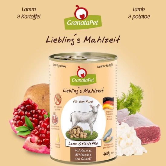 GranataPet Liebling's Mahlzeit Lamb & Potato Wet Dog Food without Grain & Sugar Supplements, Complete Food, 6 x 800 g GranataPet Liebling's Mahlzeit Lamb & Potato Wet Dog Food without Grain & Sugar Supplements, Complete Food, 6 x 800 g