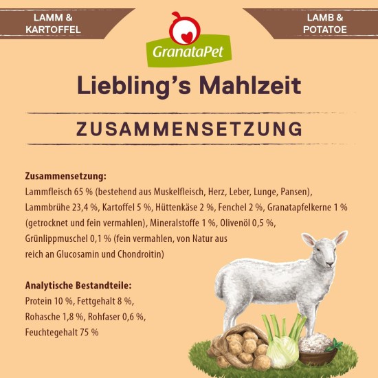 GranataPet Liebling's Mahlzeit Lamb & Potato Wet Dog Food without Grain & Sugar Supplements, Complete Food, 6 x 800 g GranataPet Liebling's Mahlzeit Lamb & Potato Wet Dog Food without Grain & Sugar Supplements, Complete Food, 6 x 800 g