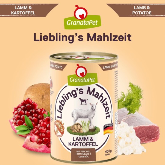 GranataPet Liebling's Mahlzeit Lamb & Potato Wet Dog Food without Grain & Sugar Supplements, Complete Food, 6 x 800 g GranataPet Liebling's Mahlzeit Lamb & Potato Wet Dog Food without Grain & Sugar Supplements, Complete Food, 6 x 800 g
