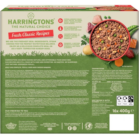 Harringtons Complete Wet Tray Grain Free Hypoallergenic Adult Dog Food Classics Bumper Pack 16 x 400 g - Turkey, Lamb, Beef & Salmon - Made with All Natural Ingredients, Package May Vary Harringtons Complete Wet Tray Grain Free Hypoallergenic Adult Dog Food Classics Bumper Pack 16 x 400 g - Turkey, Lamb, Beef & Salmon - Made with All Natural Ingredients, Package May Vary