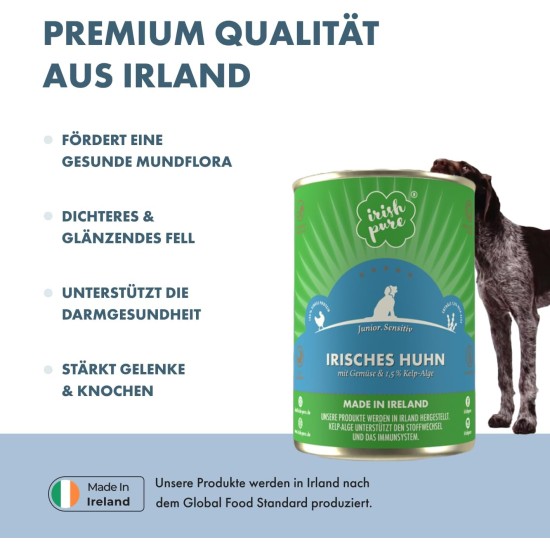 Irish Pure Premium Junior Wet Food for Dogs 12 x 390 g Irish Chicken Vitamins Grain Free Sensitive with Superfood Kelp Algae Wet Food for All Breeds Irish Pure Premium Junior Wet Food for Dogs 12 x 390 g Irish Chicken Vitamins Grain Free Sensitive with Superfood Kelp Algae Wet Food for All Breeds