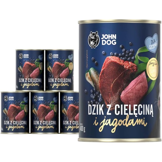 JOHN DOG Wet Food Berry Line Junior Wild Boar with Veal and Blueberries 6 x 400 g - Grain-Free Dog Food with 96% Meat and Offal with Broth - For Puppies of All Breeds JOHN DOG Wet Food Berry Line Junior Wild Boar with Veal and Blueberries 6 x 400 g - Grain-Free Dog Food with 96% Meat and Offal with Broth - For Puppies of All Breeds