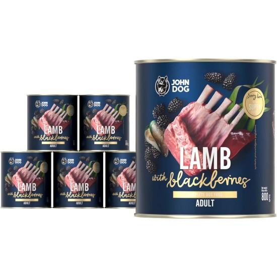 JOHN DOG Wet Food Berry Line Lamb with Blackberries 6 x 800 g - Grain-Free Dog Food with Superfoods and 96% Meat and Offal with Broth - For Adults Dogs of All Breeds JOHN DOG Wet Food Berry Line Lamb with Blackberries 6 x 800 g - Grain-Free Dog Food with Superfoods and 96% Meat and Offal with Broth - For Adults Dogs of All Breeds