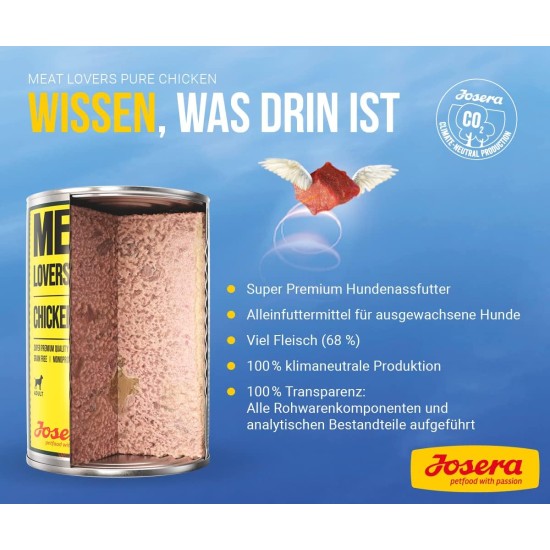 Josera Meat Lovers Pure Chicken Wet Food for Dogs High Meat Content Grain Free Delicious Chicken Complete Food 6 x 400 g Josera Meat Lovers Pure Chicken Wet Food for Dogs High Meat Content Grain Free Delicious Chicken Complete Food 6 x 400 g