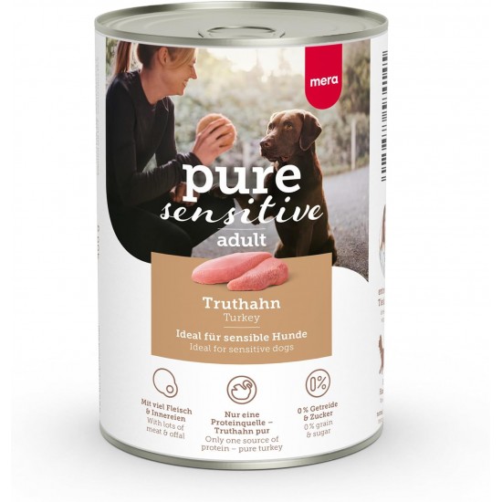 MERA Pure Sensitive Turkey (6 x 400 g), Wet Dog Food with High Meat Content and Grain-Free, Wet Food Made of 100% Animal Protein for Sensitive Dogs, Single Protein MERA Pure Sensitive Turkey (6 x 400 g), Wet Dog Food with High Meat Content and Grain-Free, Wet Food Made of 100% Animal Protein for Sensitive Dogs, Single Protein