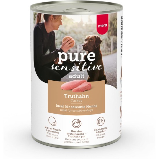 MERA Pure Sensitive Turkey (6 x 400 g), Wet Dog Food with High Meat Content and Grain-Free, Wet Food Made of 100% Animal Protein for Sensitive Dogs, Single Protein MERA Pure Sensitive Turkey (6 x 400 g), Wet Dog Food with High Meat Content and Grain-Free, Wet Food Made of 100% Animal Protein for Sensitive Dogs, Single Protein