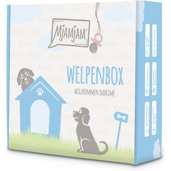MjAMjAM - Premium Wet Food for Dogs - Puppy Box - 6 x Junior - Juicy Chicken with Egg, Puppy Food Bag, Ballpoint Pen, Can Lid, Pack of 6 (6 x 200 g), Grain-Free with Extra Meat