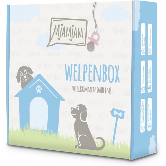 MjAMjAM - Premium Wet Food for Dogs - Puppy Box - 6 x Junior - Juicy Chicken with Egg, Puppy Food Bag, Ballpoint Pen, Can Lid, Pack of 6 (6 x 200 g), Grain-Free with Extra Meat MjAMjAM - Premium Wet Food for Dogs - Puppy Box - 6 x Junior - Juicy Chicken with Egg, Puppy Food Bag, Ballpoint Pen, Can Lid, Pack of 6 (6 x 200 g), Grain-Free with Extra Meat