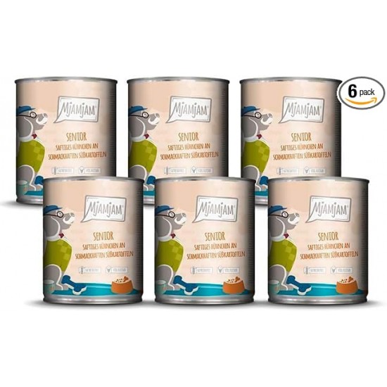 MjAMjAM - Premium Wet Food for Dogs - Senior - Juicy Chicken on Tasty Sweet Potatoes, Pack of 6 (6 x 800 g), Grain-Free MjAMjAM - Premium Wet Food for Dogs - Senior - Juicy Chicken on Tasty Sweet Potatoes, Pack of 6 (6 x 800 g), Grain-Free