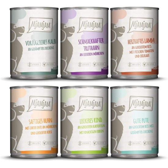 MjAMjAM - Premium wet food for dogs - Mix package II - with chicken & duck, beef, turkey, veal, turkey, lamb, 6-pack (6 x 400 g), grain-free with extra meat MjAMjAM - Premium wet food for dogs - Mix package II - with chicken & duck, beef, turkey, veal, turkey, lamb, 6-pack (6 x 400 g), grain-free with extra meat
