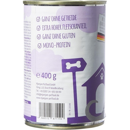MjAMjAM - Premium wet food for dogs - Mix package II - with chicken & duck, beef, turkey, veal, turkey, lamb, 6-pack (6 x 400 g), grain-free with extra meat MjAMjAM - Premium wet food for dogs - Mix package II - with chicken & duck, beef, turkey, veal, turkey, lamb, 6-pack (6 x 400 g), grain-free with extra meat