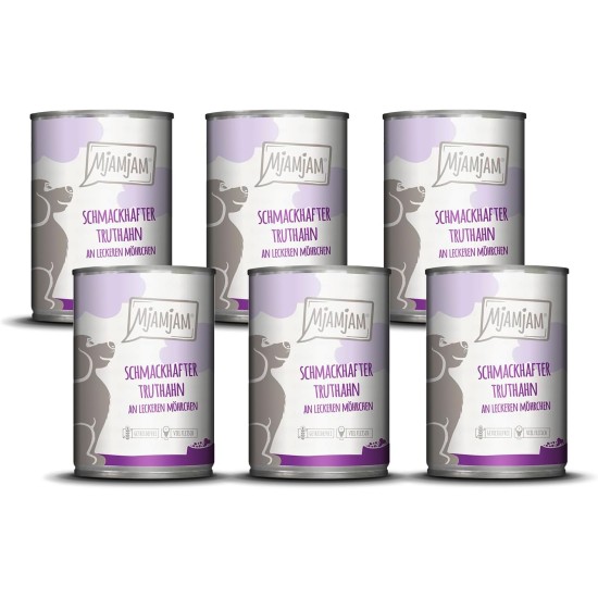 MjAMjAM - Premium wet food for dogs - Mix package II - with chicken & duck, beef, turkey, veal, turkey, lamb, 6-pack (6 x 400 g), grain-free with extra meat MjAMjAM - Premium wet food for dogs - Mix package II - with chicken & duck, beef, turkey, veal, turkey, lamb, 6-pack (6 x 400 g), grain-free with extra meat