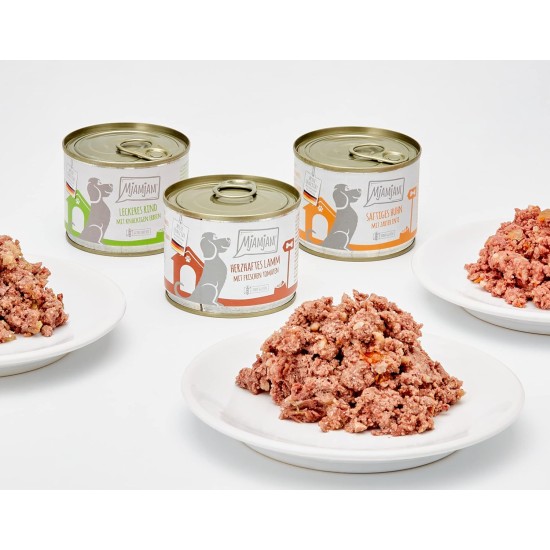 MjAMjAM - Premium wet food for dogs - Mix package II - with chicken & duck, beef, turkey, veal, turkey, lamb, 6-pack (6 x 400 g), grain-free with extra meat MjAMjAM - Premium wet food for dogs - Mix package II - with chicken & duck, beef, turkey, veal, turkey, lamb, 6-pack (6 x 400 g), grain-free with extra meat