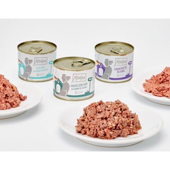 MjAMjAM - Premium wet food for dogs - Mix package II - with chicken & duck, beef, turkey, veal, turkey, lamb, 6-pack (6 x 400 g), grain-free with extra meat MjAMjAM - Premium wet food for dogs - Mix package II - with chicken & duck, beef, turkey, veal, turkey, lamb, 6-pack (6 x 400 g), grain-free with extra meat