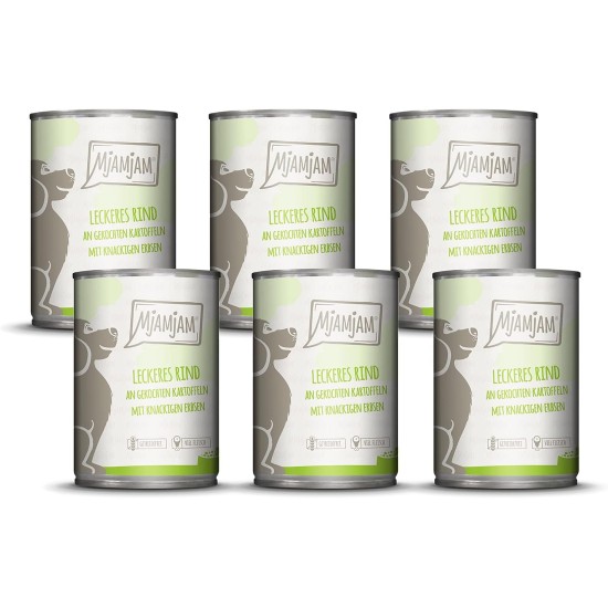 MjAMjAM - Premium wet food for dogs - Mix package II - with chicken & duck, beef, turkey, veal, turkey, lamb, 6-pack (6 x 400 g), grain-free with extra meat MjAMjAM - Premium wet food for dogs - Mix package II - with chicken & duck, beef, turkey, veal, turkey, lamb, 6-pack (6 x 400 g), grain-free with extra meat
