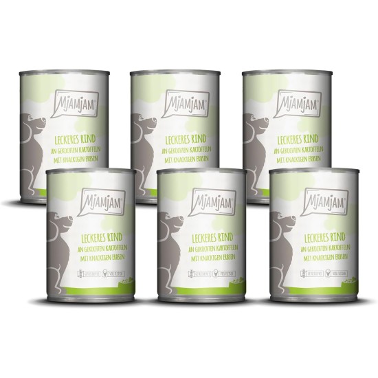 MjAMjAM - Premium wet food for dogs - Mix package II - with chicken & duck, beef, turkey, veal, turkey, lamb, 6-pack (6 x 400 g), grain-free with extra meat MjAMjAM - Premium wet food for dogs - Mix package II - with chicken & duck, beef, turkey, veal, turkey, lamb, 6-pack (6 x 400 g), grain-free with extra meat
