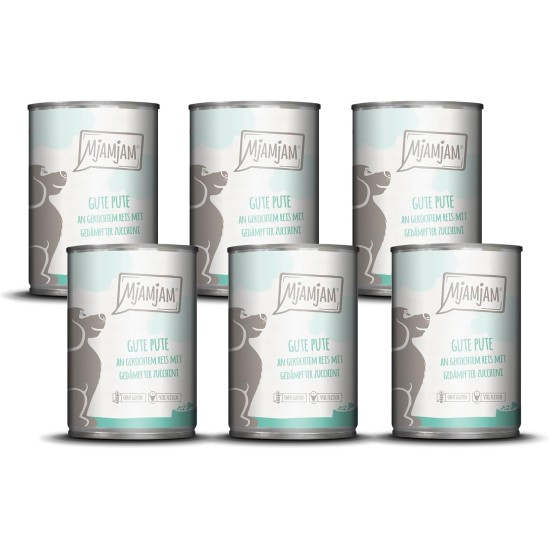 MjAMjAM - Premium wet food for dogs - Mix package II - with chicken & duck, beef, turkey, veal, turkey, lamb, 6-pack (6 x 400 g), grain-free with extra meat MjAMjAM - Premium wet food for dogs - Mix package II - with chicken & duck, beef, turkey, veal, turkey, lamb, 6-pack (6 x 400 g), grain-free with extra meat