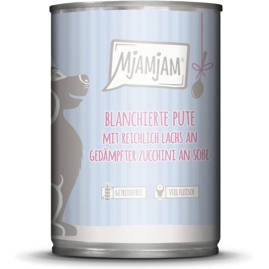 MjAMjAM - Premium wet food for dogs - blanched turkey with plenty of salmon on steamed courgettes on sauce, pack of 6 (6 x 380 g), grain-free with extra meat MjAMjAM - Premium wet food for dogs - blanched turkey with plenty of salmon on steamed courgettes on sauce, pack of 6 (6 x 380 g), grain-free with extra meat