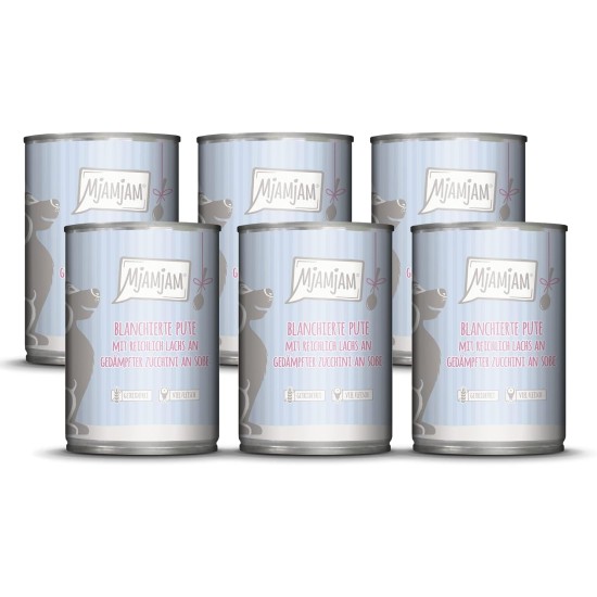 MjAMjAM - Premium wet food for dogs - blanched turkey with plenty of salmon on steamed courgettes on sauce, pack of 6 (6 x 380 g), grain-free with extra meat MjAMjAM - Premium wet food for dogs - blanched turkey with plenty of salmon on steamed courgettes on sauce, pack of 6 (6 x 380 g), grain-free with extra meat