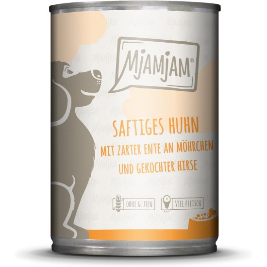 MjAMjAM - Premium wet food for dogs - juicy chicken with delicate duck on carrots and boiled millet, 1 pack (1 x 400 g), grain-free with extra meat MjAMjAM - Premium wet food for dogs - juicy chicken with delicate duck on carrots and boiled millet, 1 pack (1 x 400 g), grain-free with extra meat