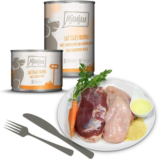 MjAMjAM - Premium wet food for dogs - juicy chicken with delicate duck on carrots and boiled millet, 1 pack (1 x 400 g), grain-free with extra meat MjAMjAM - Premium wet food for dogs - juicy chicken with delicate duck on carrots and boiled millet, 1 pack (1 x 400 g), grain-free with extra meat