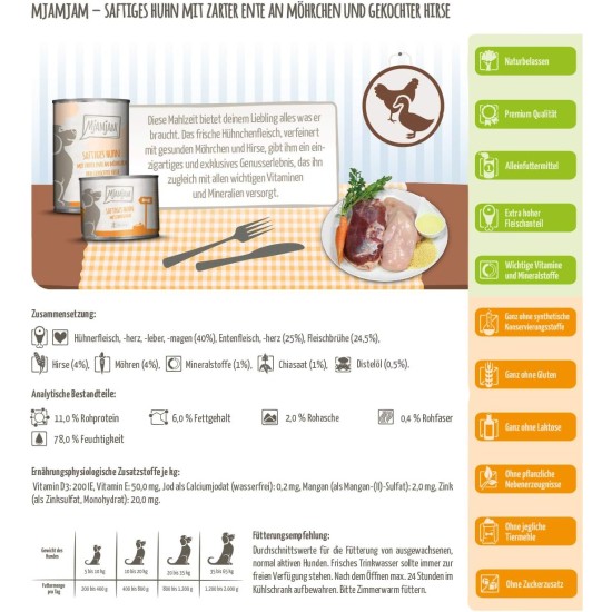 MjAMjAM - Premium wet food for dogs - juicy chicken with delicate duck on carrots and boiled millet, 1 pack (1 x 400 g), grain-free with extra meat MjAMjAM - Premium wet food for dogs - juicy chicken with delicate duck on carrots and boiled millet, 1 pack (1 x 400 g), grain-free with extra meat