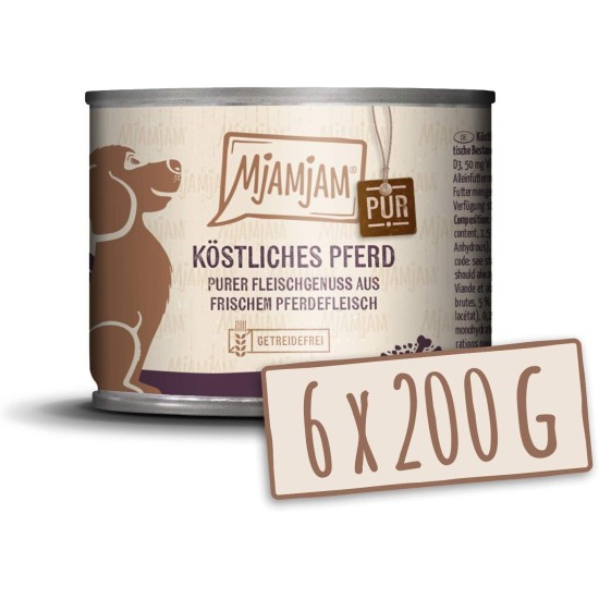MjAMjAM Premium Wet Food for Dogs, Pure Meat Enjoyment, Delicious Pure Horse, Pack of 6 (6 x 200 g), Grain-Free with Extra Meat MjAMjAM Premium Wet Food for Dogs, Pure Meat Enjoyment, Delicious Pure Horse, Pack of 6 (6 x 200 g), Grain-Free with Extra Meat