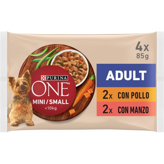 Purina ONE Mini <10kg Wet Food for Small Dogs with Chicken and Ox, 12 Packs of 4 Bags of 85g - 48 Bags Purina ONE Mini <10kg Wet Food for Small Dogs with Chicken and Ox, 12 Packs of 4 Bags of 85g - 48 Bags